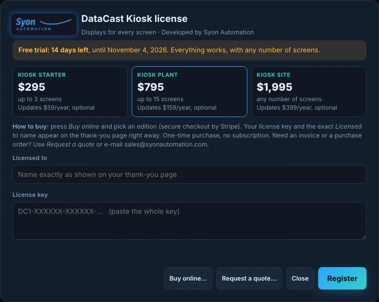DataCast license window