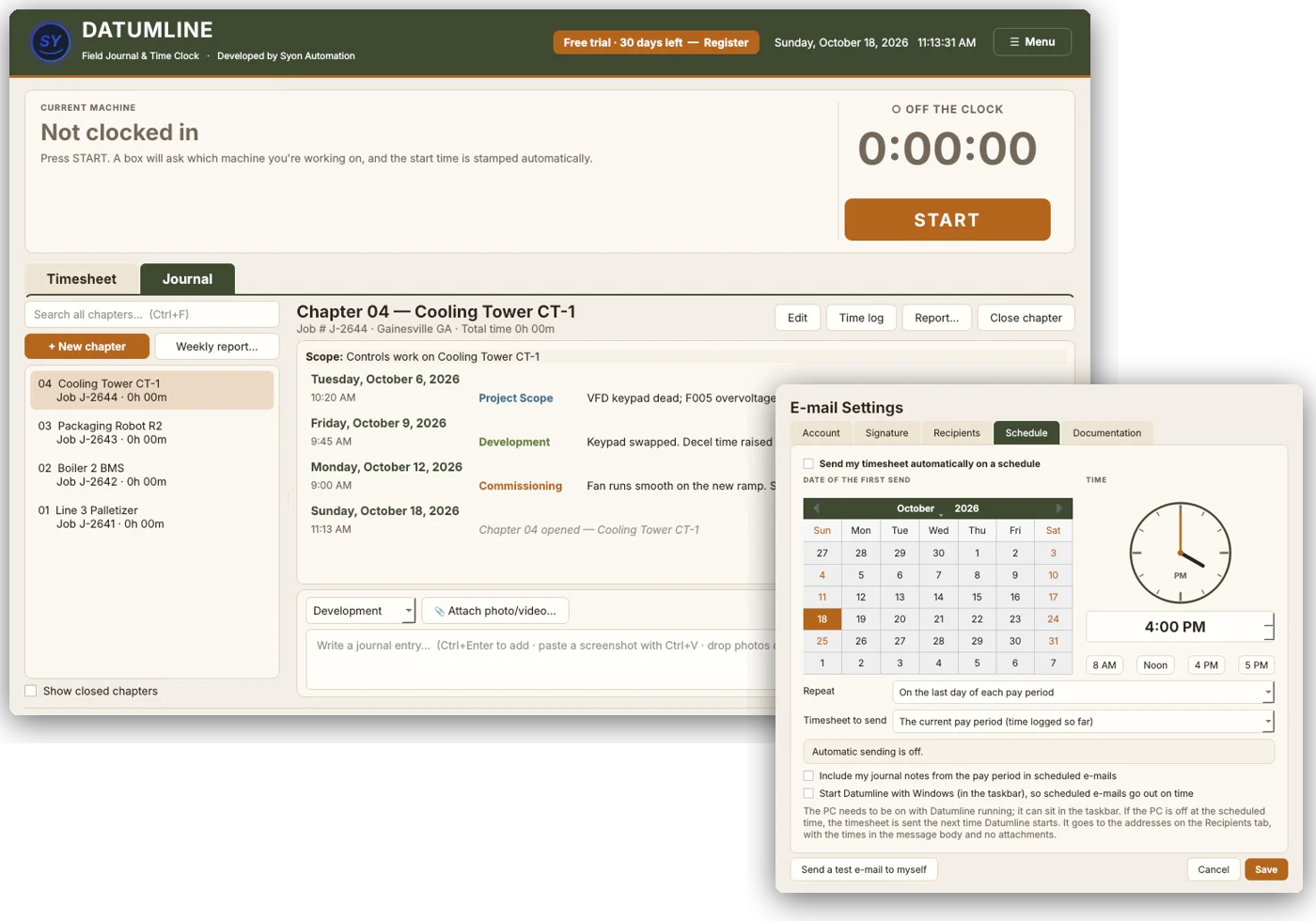 Datumline journal with scheduled timesheet e-mail