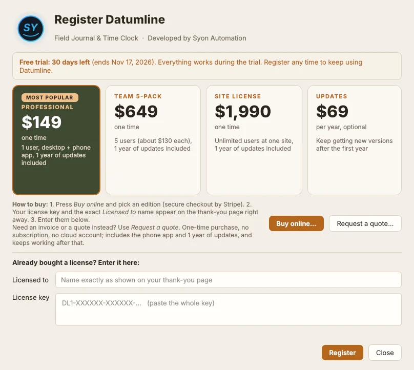 Datumline Register window