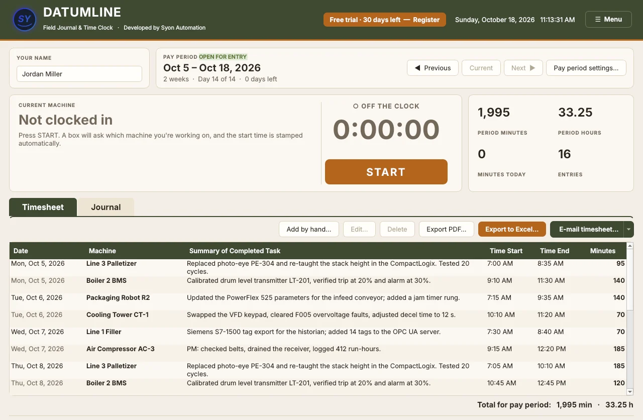 Datumline: A time clock that does the paperwork
