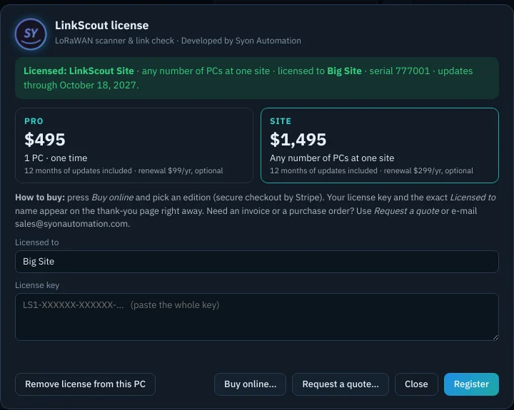 LinkScout license window