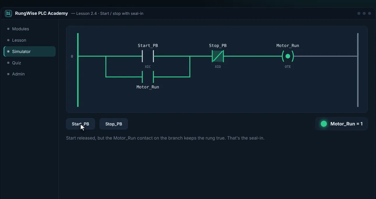 RungWise seal-in lesson with live power flow